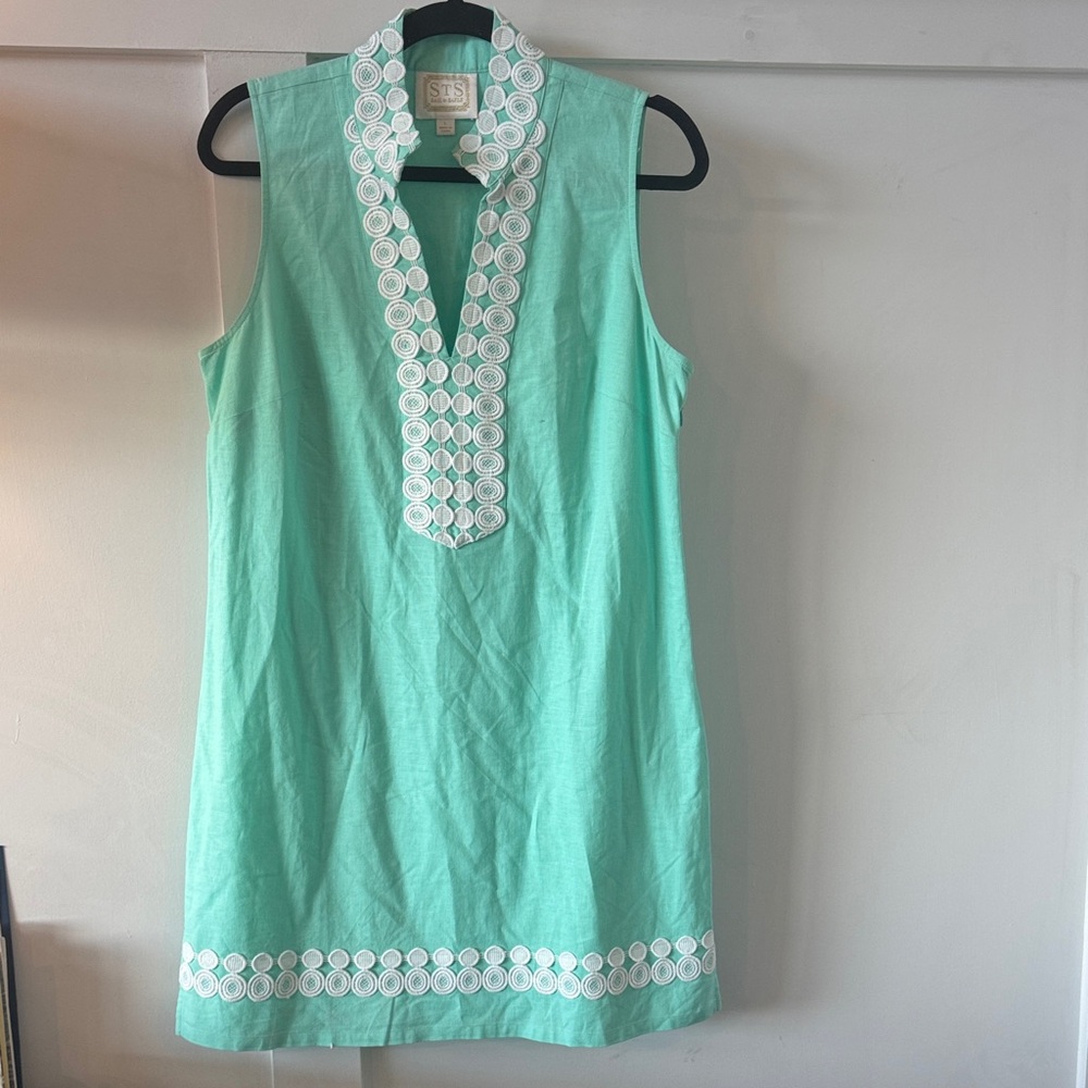 Sail to Sable Mint Green Sleeveless Dress with White Embroidery